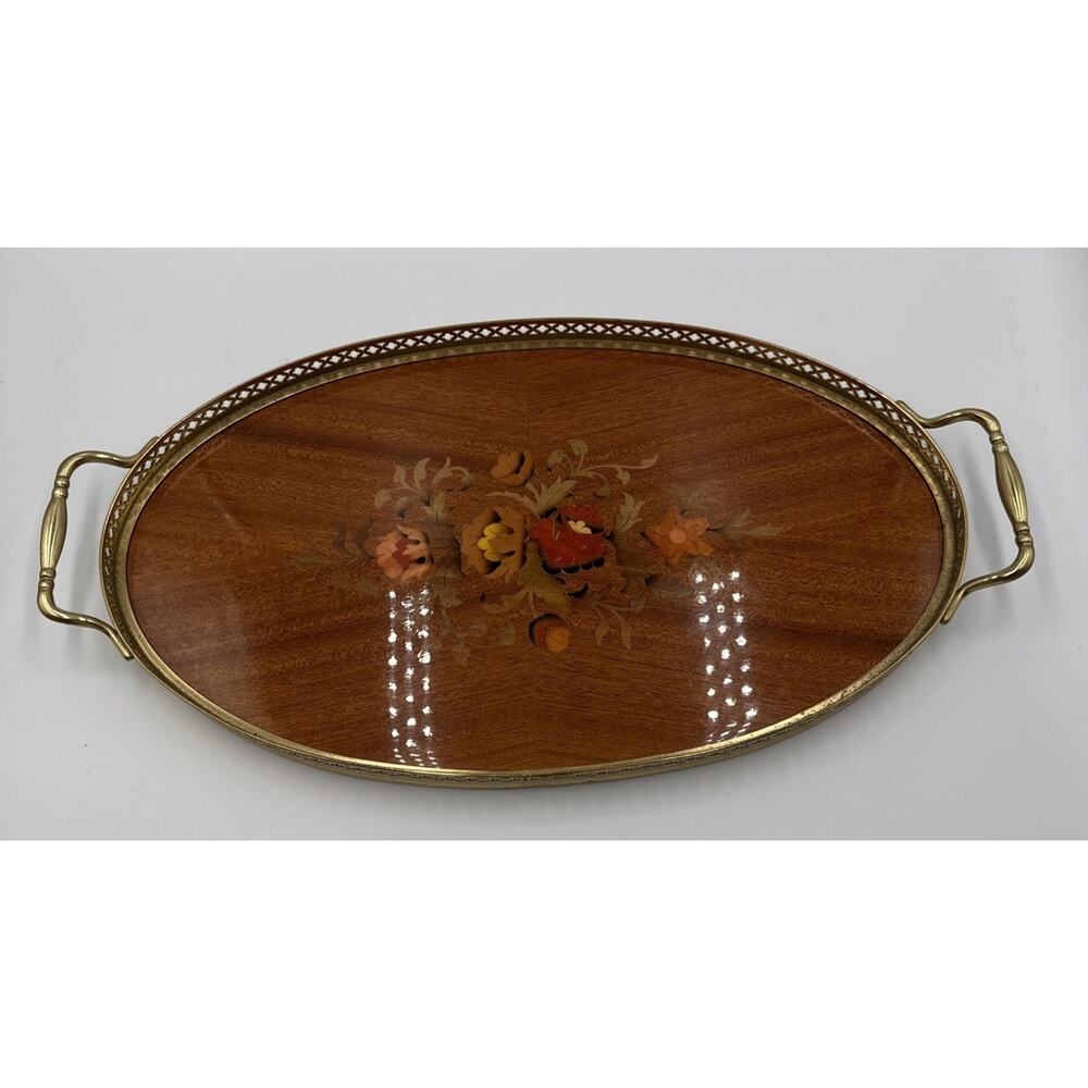Vintage Mid Century Italian Marquetry Inlaid Wood Vanity Tray Brass Handles